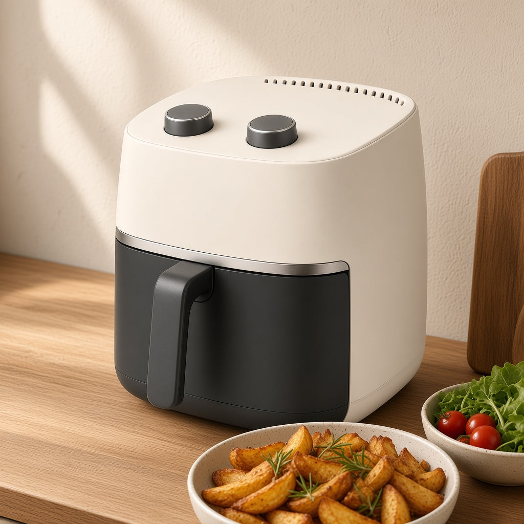 CUISINEA AirCook 5 sur un plan de travail en bois, avec des pommes de terre rôties