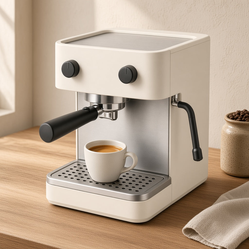 CUISINEA Barista One sur un plan de travail en bois, avec une tasse d'expresso