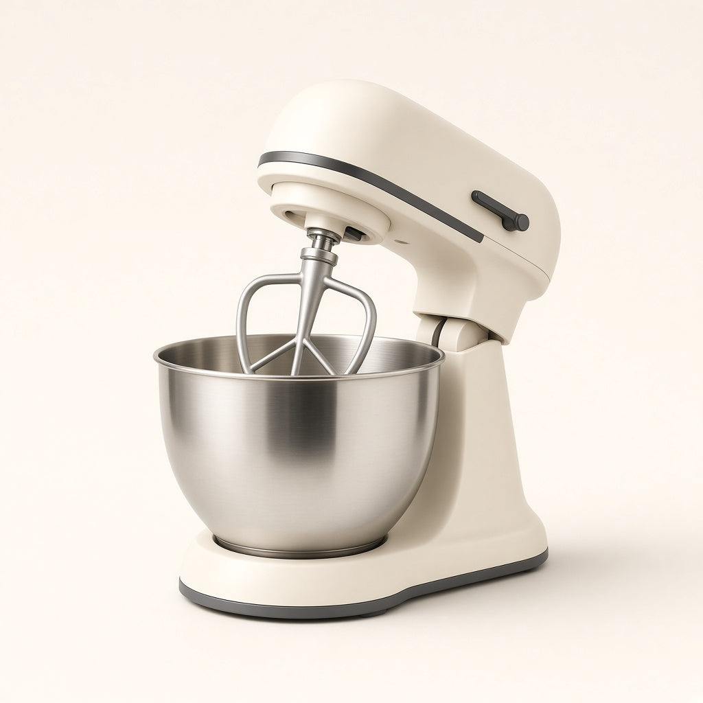 CUISINEA ChefMaster, robot pâtissier ivoire avec bol en inox, vue de trois quarts