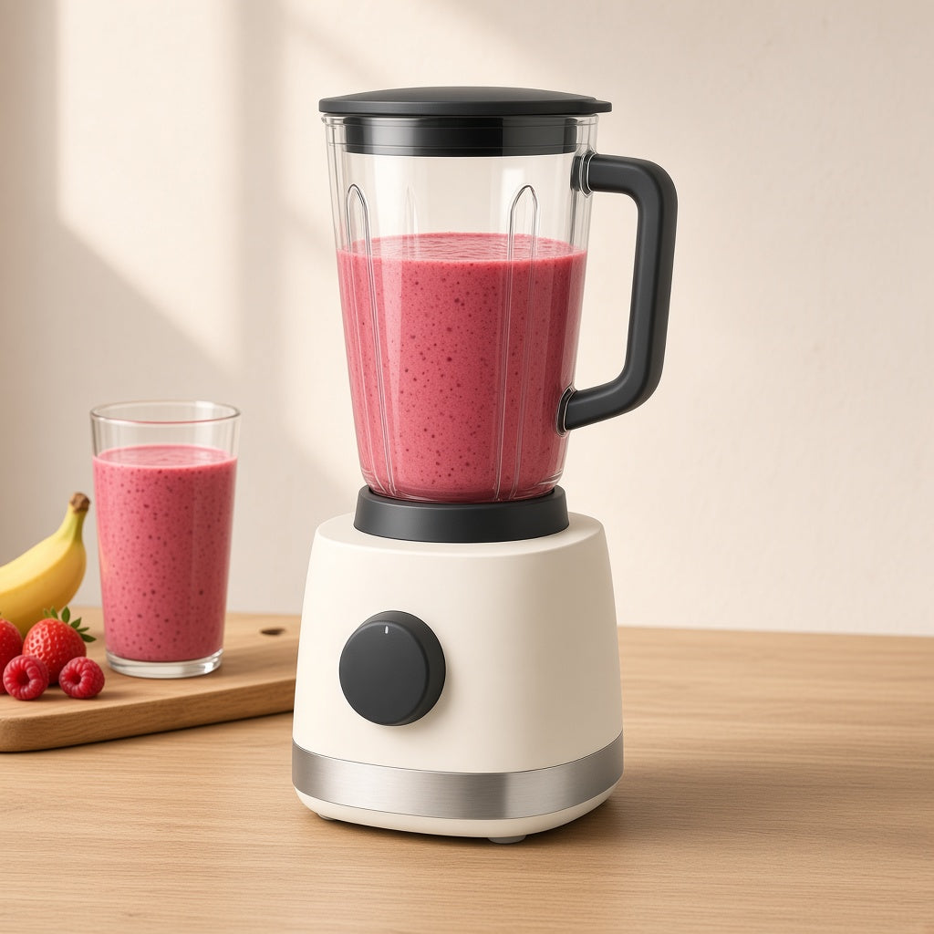 CUISINEA MixPro rempli d'un smoothie aux fruits rouges, sur un plan de travail en bois